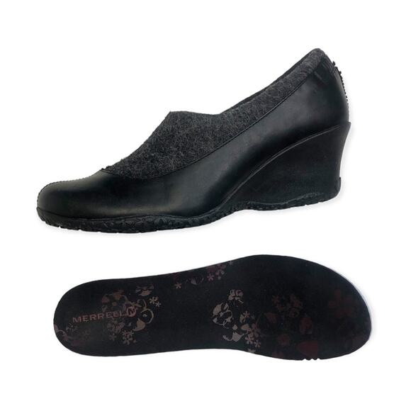 Merrell Women's Tulip Wedge Heel Size 8 Black Leather Grey Wool Arch Suport - Picture 8 of 12